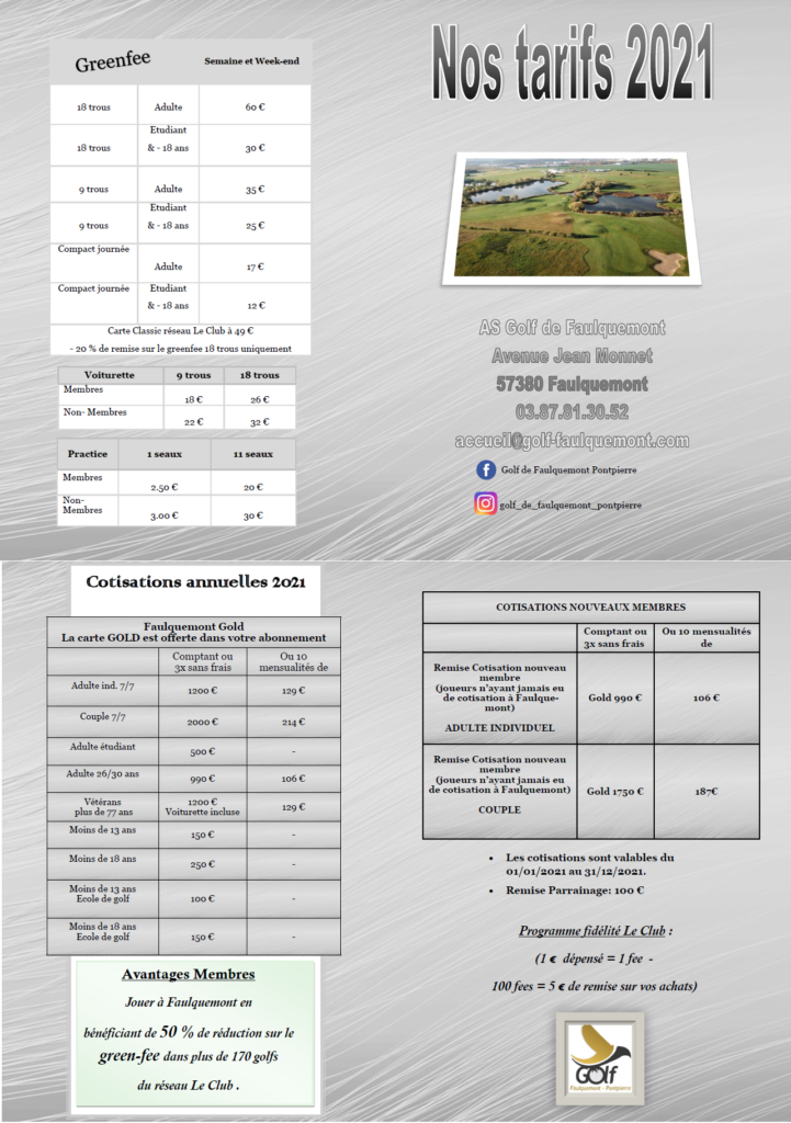 Tarifs des Abonnements Green Fees Golf Faulquemont